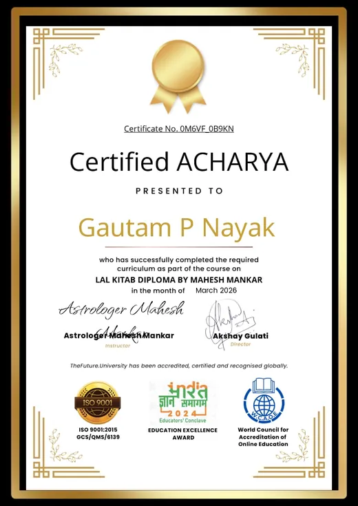 Certificate: Certified Acharya, Lal Kitab Diploma, issued to Gautam Naik by TheFuture.University