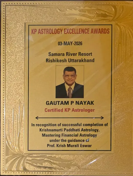 KP Astrology Excellence Award presented to Gautam P Nayak, Certified KP Astrologer, 3 May 2026